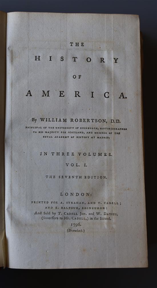 Robertson, William - The History of America, 7th edition, 3 vols, 8vo, period calf, with 3 (of 4) folding maps and